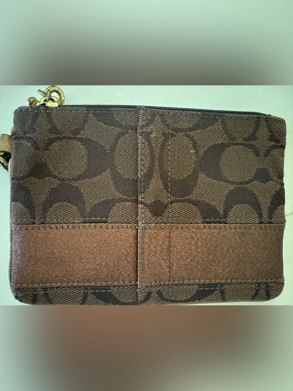 Coach Metallic Beige Signature Jacquard &  Leather Trim Small Wristlet
